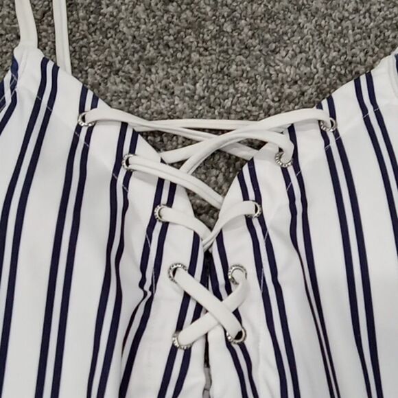 Nautica Dock Lines 1 piece lace up black and white striped swimsuit size Large - Picture 2 of 3